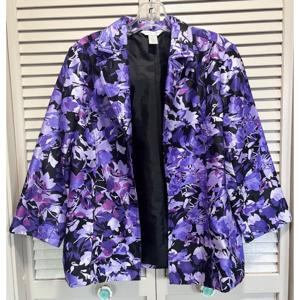 Christopher & Banks Open Blazer Size M Purple/Blk Floral Collar Lined‎